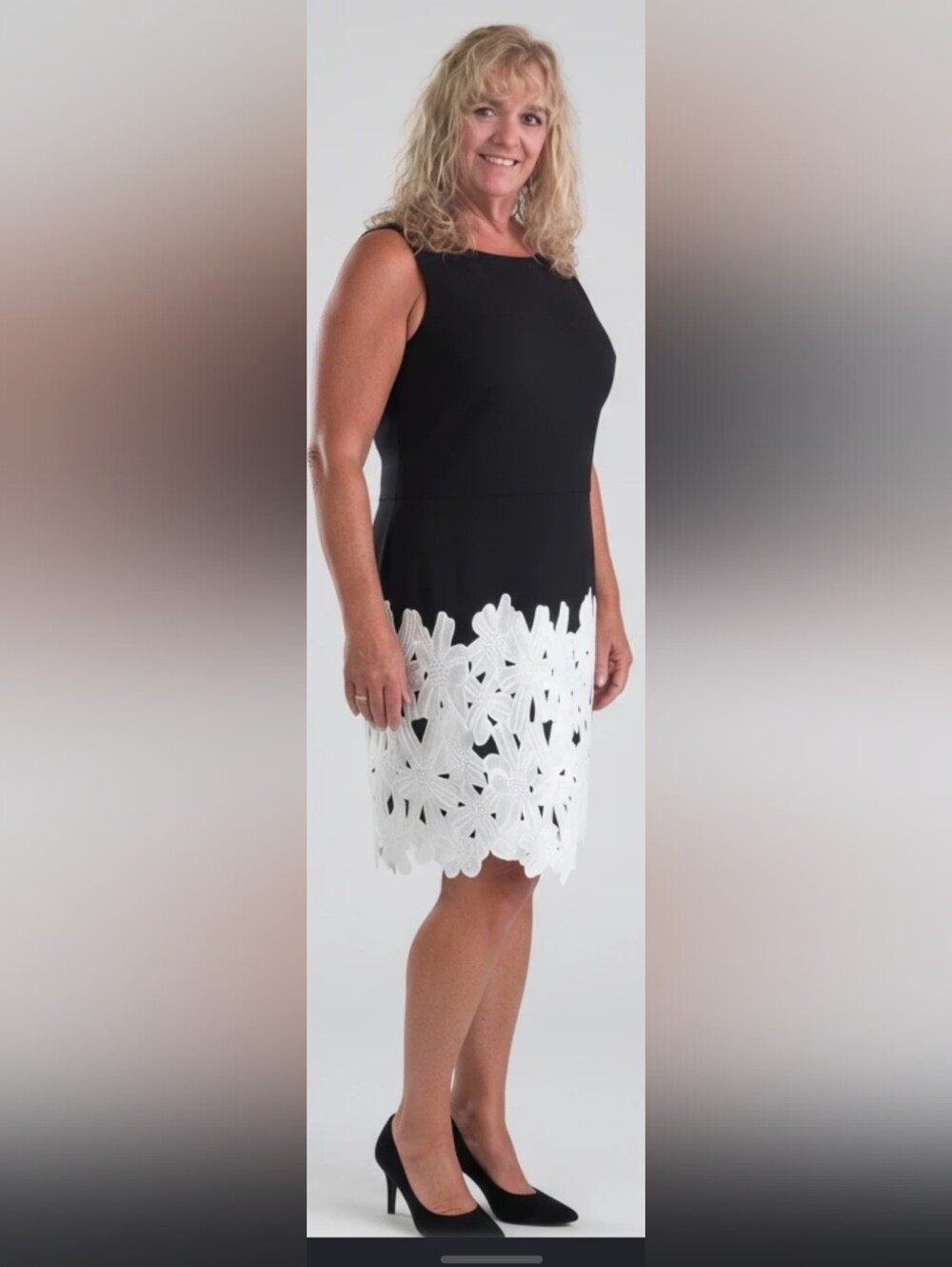 Cremieux BLACK Dress With White Floral Overlay On Bottom Size Med Sophisticated